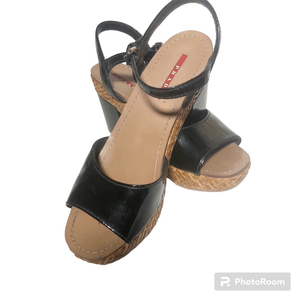 PRADA Sport black patent leather chunky wicker platform heels sz39.5 - Picture 3 of 14